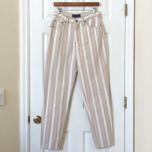 NY Line 90's Vintage Classic Striped High Waisted Tapered Leg Pants Tan White 28
